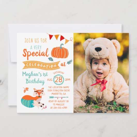 秋オータムウッドランドキツネカボッキンフォト誕生日 招待状 (正面)