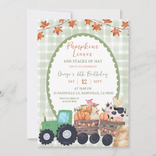 秋オータムセージグリーンファームアニマル誕生日 招待状 (正面)