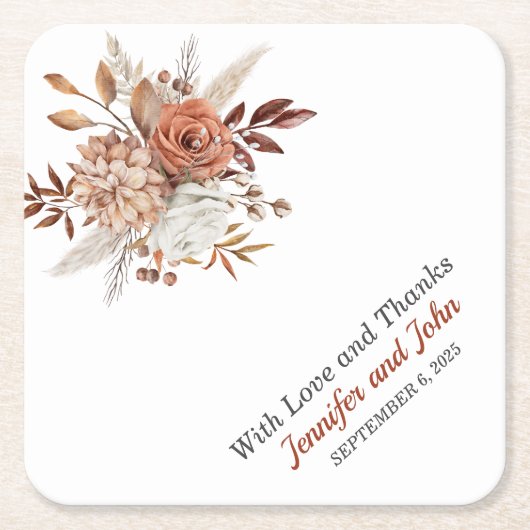 秋オータムテラコッタ素朴フローラ結婚ズ スクエアペーパーコースター (正面)