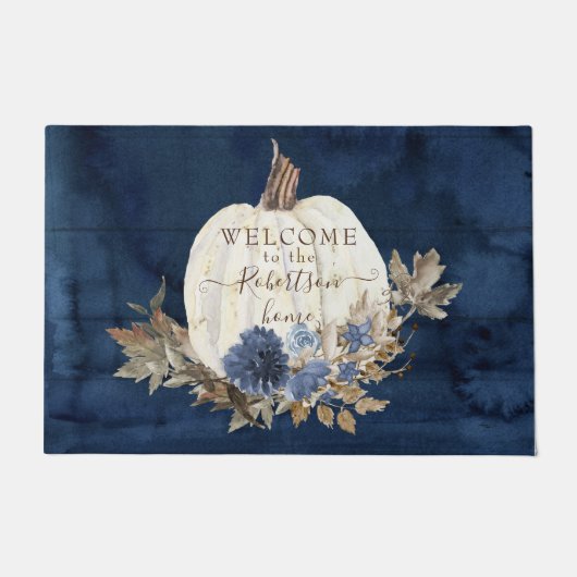 秋オータムパンプキンネイビーウェルカムマットファミリーネーム ドアマット (正面)