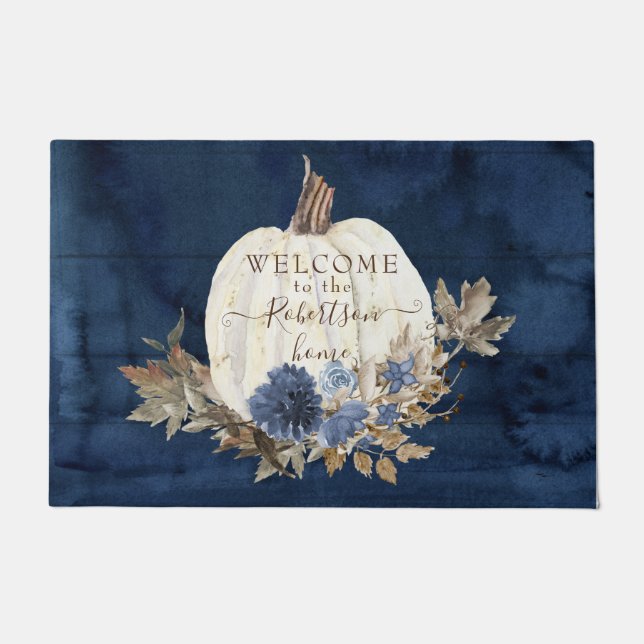 秋オータムパンプキンネイビーウェルカムマットファミリーネーム ドアマット (正面)