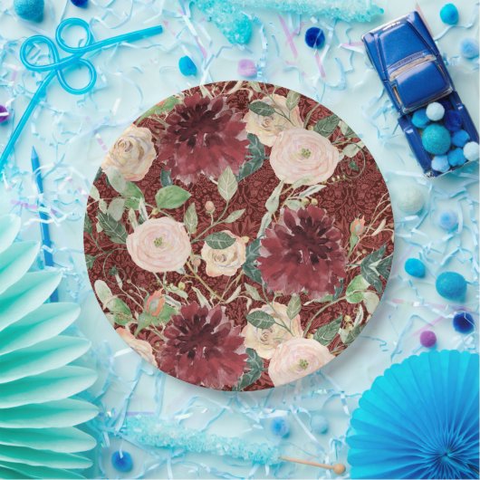 秋オータムブルゴーニュキク赤面ピンクローズ ペーパープレート (パーティー)