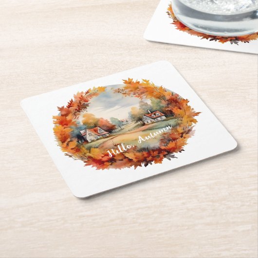 秋オータムボホウォーターカラーパンプキンコテージ スクエアペーパーコースター (アングル)