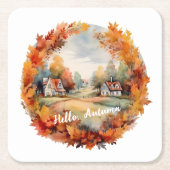 秋オータムボホウォーターカラーパンプキンコテージ スクエアペーパーコースター (正面)
