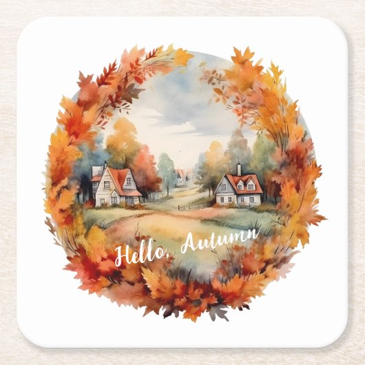 秋オータムボホウォーターカラーパンプキンコテージ スクエアペーパーコースター (正面)