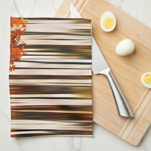 秋カエデの木の森ストライプのオレンジ色 キッチンタオル (四つ折り)