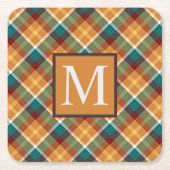 秋カスタムパンプキンオレンジ葉グリーンプレイド スクエアペーパーコースター (正面)