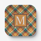 秋カスタムパンプキンオレンジ葉グリーンプレイド ペーパープレート (正面)