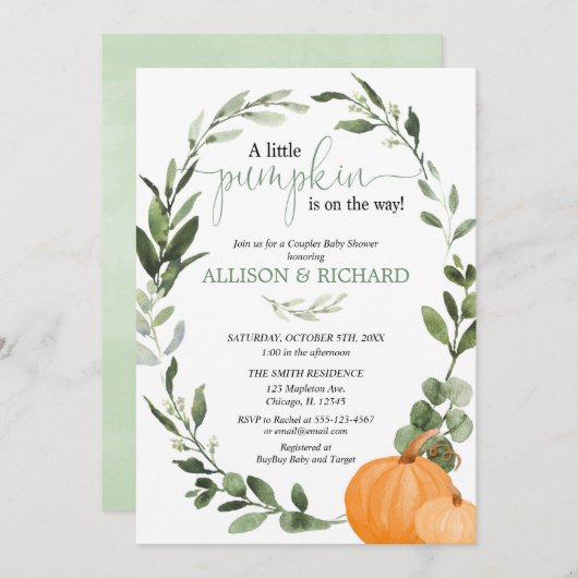 秋カップル赤ちゃんシャワー男女兼用カボチャ 招待状 (正面/裏面)