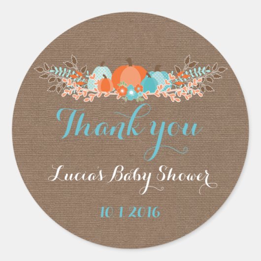 秋カボチャありがとうラベルBurlap背景 ラウンドシール (正面)