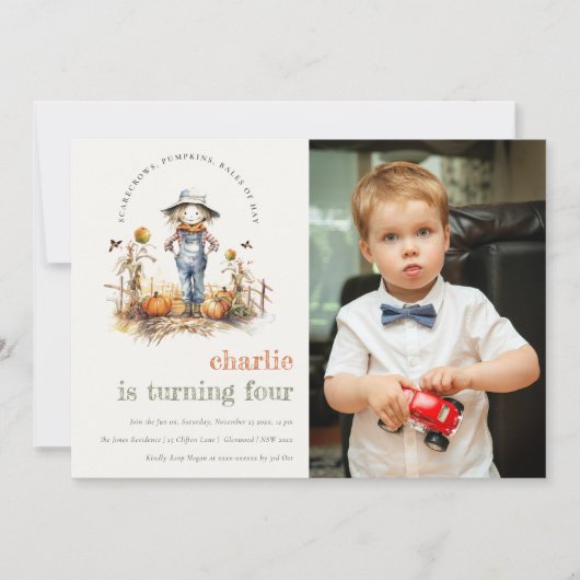秋カボチャかかしハーベストキッズフォト誕生日 招待状 (正面)
