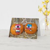 秋カボチャとおもしろい顔 カード (黄色い花)