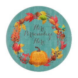 秋カボチャと紅葉リースティール（緑がかった色）オレンジ カッティングボード