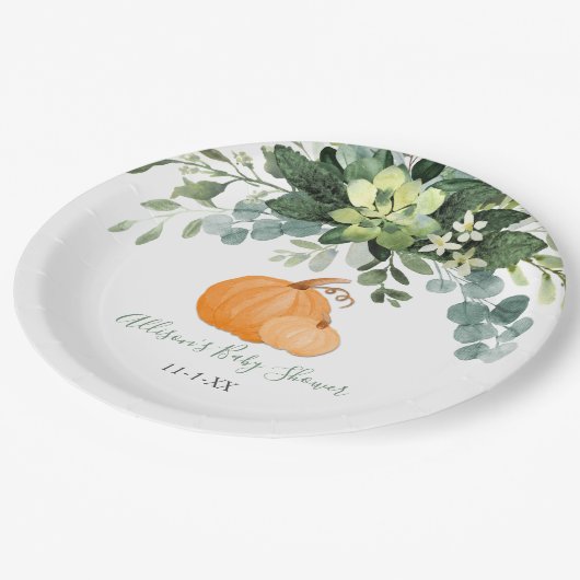 秋カボチャと緑のユーカリの赤ちゃんシャワー ペーパープレート (アングル)