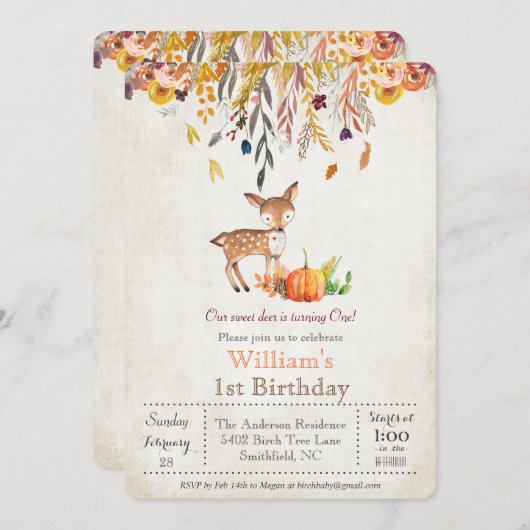 秋カボチャと鹿1歳の誕生日招待状 招待状 (正面/裏面)
