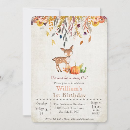 秋カボチャと鹿1歳の誕生日招待状 招待状 (正面)