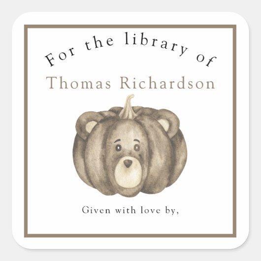 秋カボチャのクマ – ライブラリ用 スクエアシール (正面)
