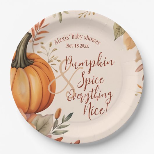 秋カボチャのスパイスベビーシャワー秋の水色 ペーパープレート (正面)