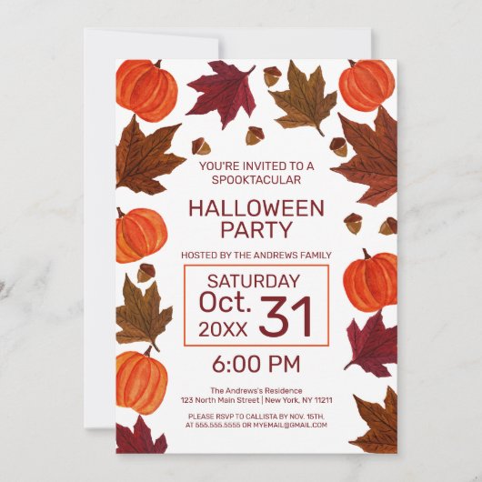秋カボチャのメープル葉ズウォーターカラーハロウィーン 招待状 (正面)