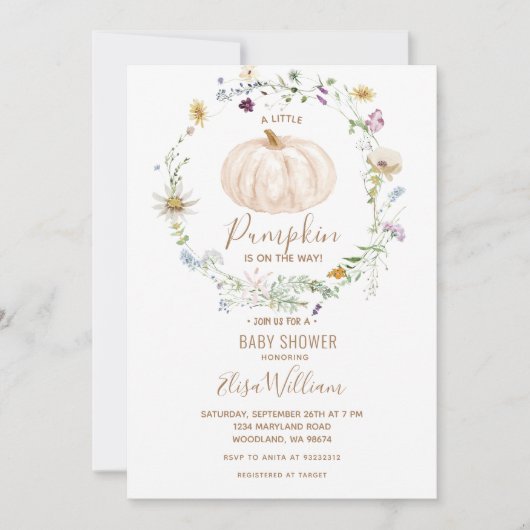 秋カボチャのワイルドフラワーが途中の赤ちゃんシャワー 招待状 (正面)