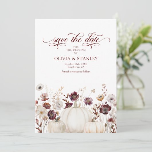 秋カボチャのワイルドフラワーウェディング日付を保存 セーブザデート (スタンド正面)