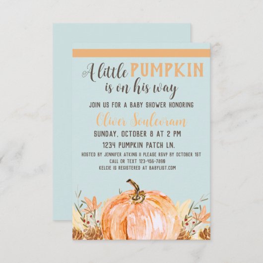 秋カボチャの赤ちゃんシャワーブルー 招待状 (正面/裏面)