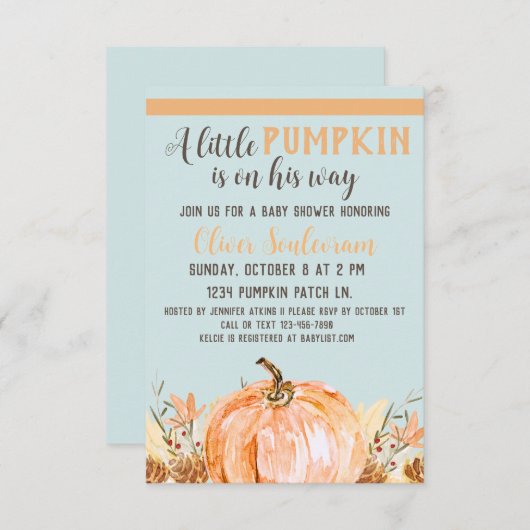 秋カボチャの赤ちゃんシャワーブルー 招待状 (正面/裏面)