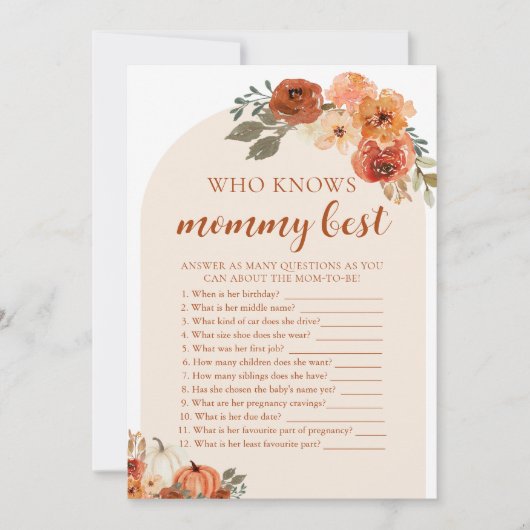 秋カボチャの赤ちゃんシャワー誰がママのゲームを知最高のって 招待状 (正面)