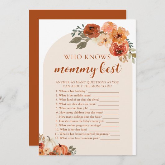 秋カボチャの赤ちゃんシャワー誰がママのゲームを知最高のって 招待状 (正面/裏面)