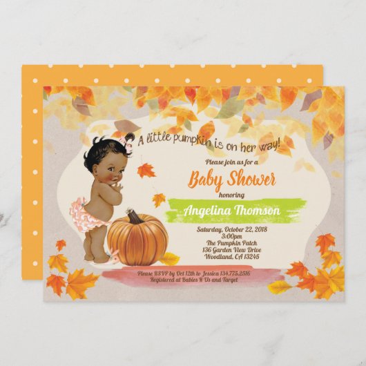 秋カボチャの赤ちゃん女の子が田舎者のヴィンテージ 招待状 (正面/裏面)