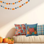 秋カボチャの青とオレンジの格子柄 クッション