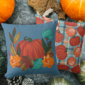 秋カボチャの青とオレンジの格子柄 クッション