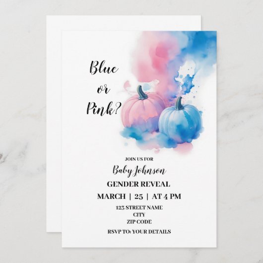 秋カボチャをテーマにしたジェンダーの発表 招待状 (正面/裏面)