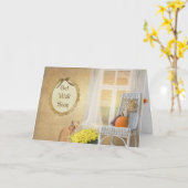 秋カボチャを持つ虎猫猫はすぐによく得ます カード (黄色い花)