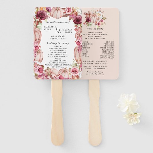 秋カボチャピンクバーガンディ結婚式 プログラム ハンドファン (正面&裏面)