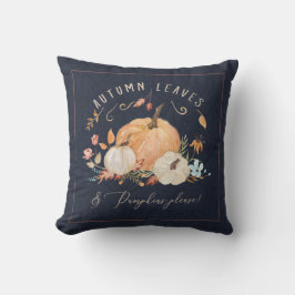 秋カボチャフローラネイビーブルーウォーターカラーリーフ クッション