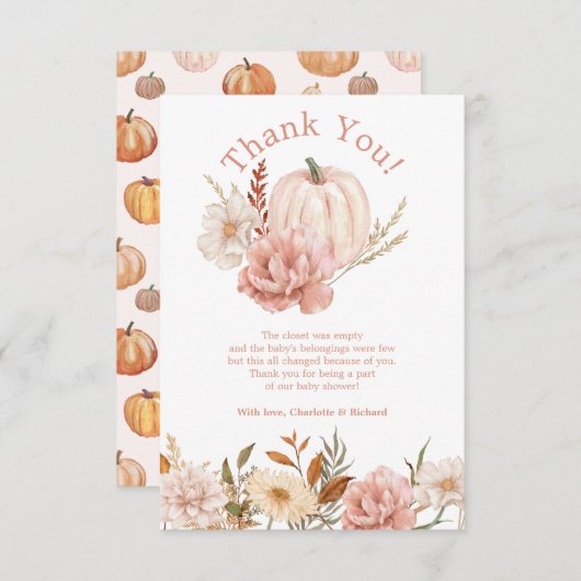 秋カボチャフローラベビーシャワーサンキューカード サンキューカード (正面/裏面)