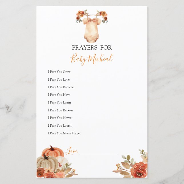 秋カボチャフローラベビー服祈りの言葉のためのベビー (正面)