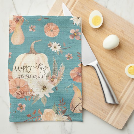 秋カボチャフローラ紅葉ティール（緑がかった色）ブルー名 キッチンタオル (四つ折り)