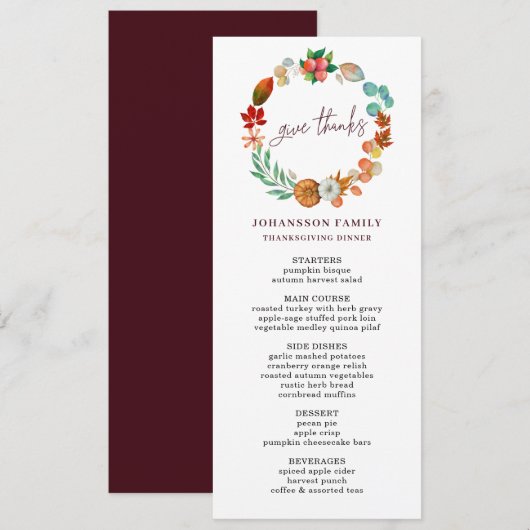 秋カボチャリース感謝祭ディナーメニュー メニュー (正面/裏面)
