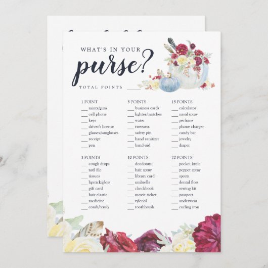 秋カボチャ両面ブライダルシャワーゲームカード 招待状 (正面/裏面)