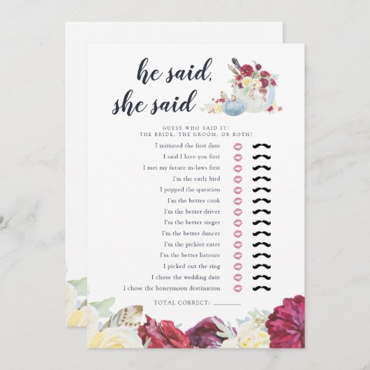 秋カボチャ両面ブライダルシャワーゲームカード 招待状 (正面/裏面)