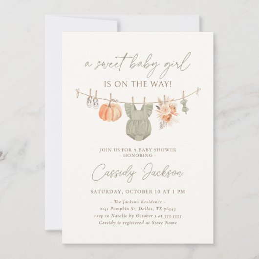 秋カボチャ女の子の衣服赤ちゃんシャワー 招待状 (正面)