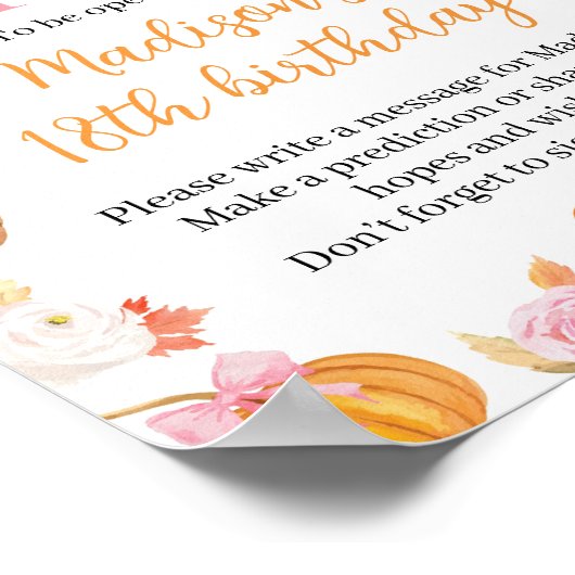 秋カボチャ女の子の誕生日パーティータイムカプセルサイン ポスター (角)