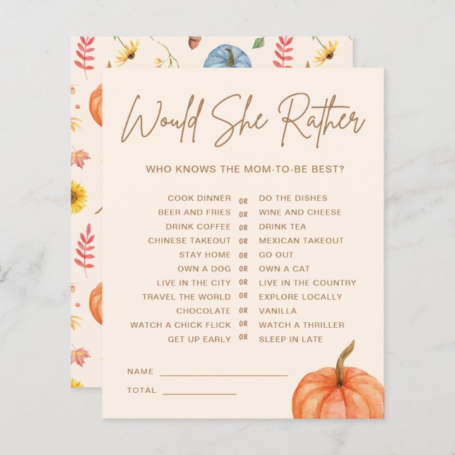 秋カボチャ彼女はむしろ赤ちゃんシャワーゲーム (正面/裏面)