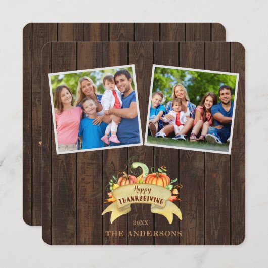 秋カボチャ木製フォトハッピー感謝祭 招待状 (正面/裏面)