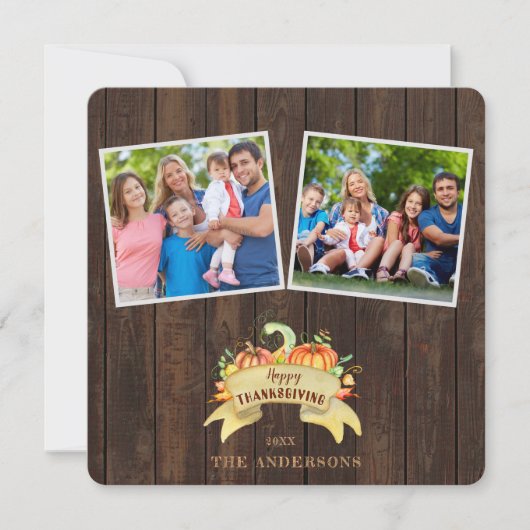 秋カボチャ木製フォトハッピー感謝祭 招待状 (正面)