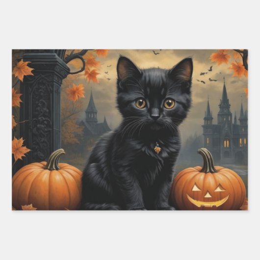 秋カボチャ甘い黒の子猫デクページ ラッピングペーパーシート (正面2)