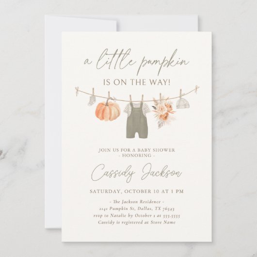 秋カボチャ男の子の衣服赤ちゃんのシャワー 招待状 (正面)