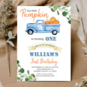 秋カボチャ男の子最初の小さな青いトラックの誕生日 招待状